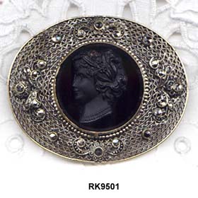 1930's Czechoslovakian Black Glass Cameo Brooch