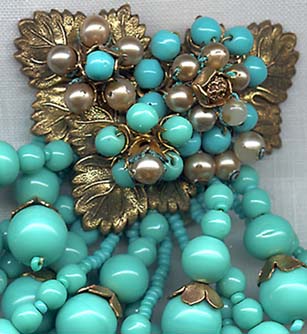 Unsigned Miriam Haskell Turquoise Bead Dress Clip, Front and Back