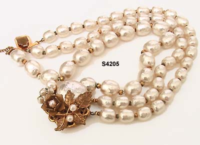 c. 1960s Miriam Haskell Triple Stand Pearl Bracelet