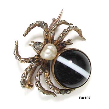 Victorian Rose Gold, Diamond, Pearl & Agate Spider Pin