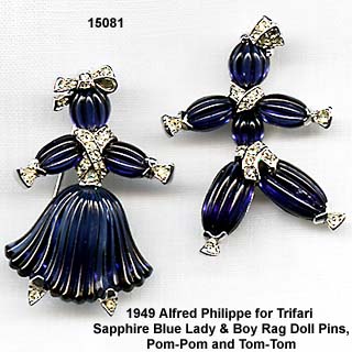 1949 Alfred Philippe for Trifari Sapphire Blue Rag Doll Lady & Boy Rag Doll Pins