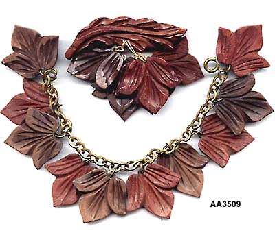 c. 1940's Wood Maple Leaf Bracelet and Pin