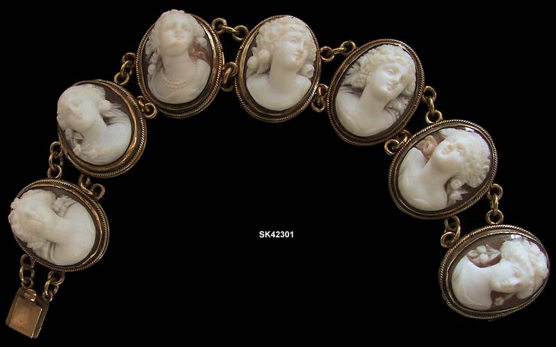 1895 to 1910 Seven Panel Shell Cameo Bracelet