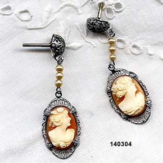 Art Deco 10K White Gold Cameo Pendant Earrings