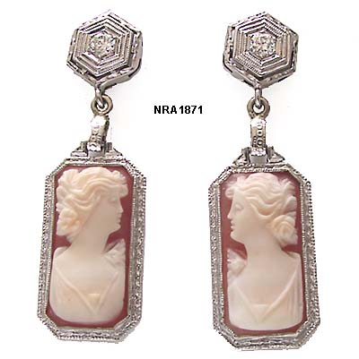 Edwardian 14 Karat White Gold Filigree Carnelian Shell Cameo Pendant Earrings