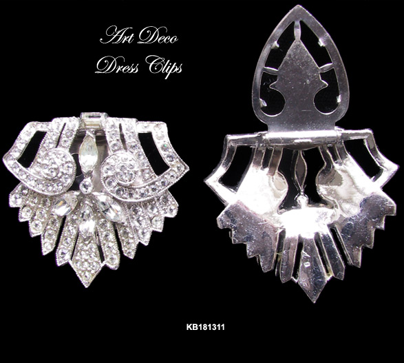 Pair Rhinestone Art Deco Dress Clips c 1930s