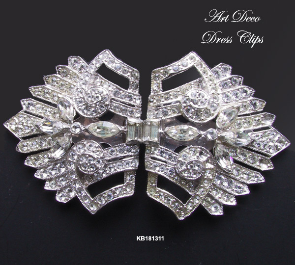 Pair Rhinestone Art Deco Dress Clips c 1930s