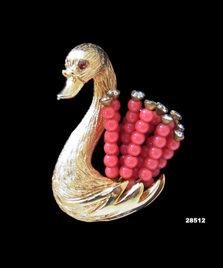 Vintage Har Swan Pin Brooch Coral Plumage 1950s