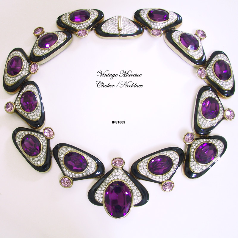 Vintage Maresco Black Enamel, Amethyst and Pave Gold-Plated Necklace/Choker