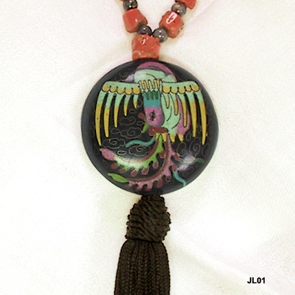 Judith Leiber Coral, Jade & Lapis Tassel Pendant Necklace Vintage