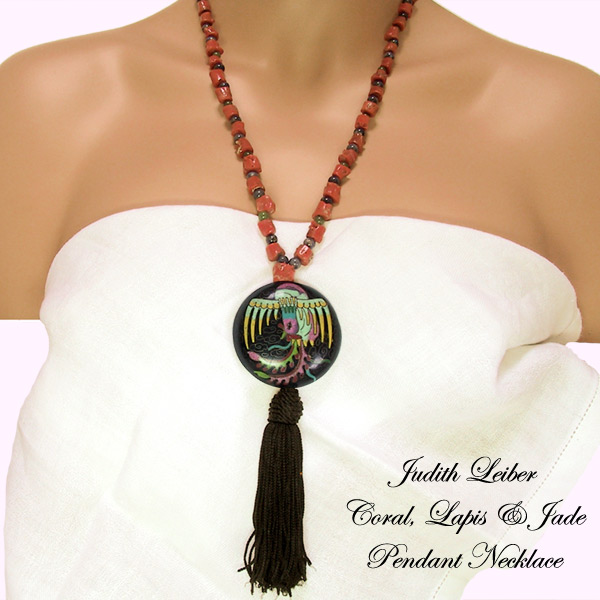 Judith Leiber Coral, Jade & Lapis Tassel Pendant Necklace Vintage