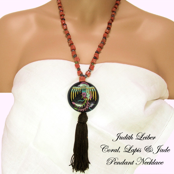 Judith Leiber Coral, Jade & Lapis Tassel Pendant Necklace Vintage