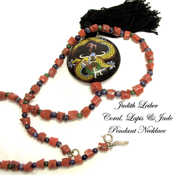 Judith Leiber Coral, Jade & Lapis Tassel Pendant Necklace Vintage