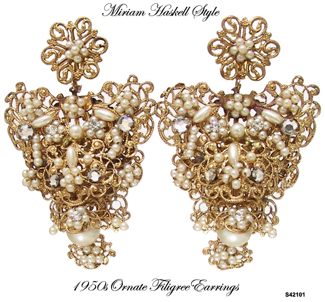 Miriam Haskell Style Gilt Pendant Earrings