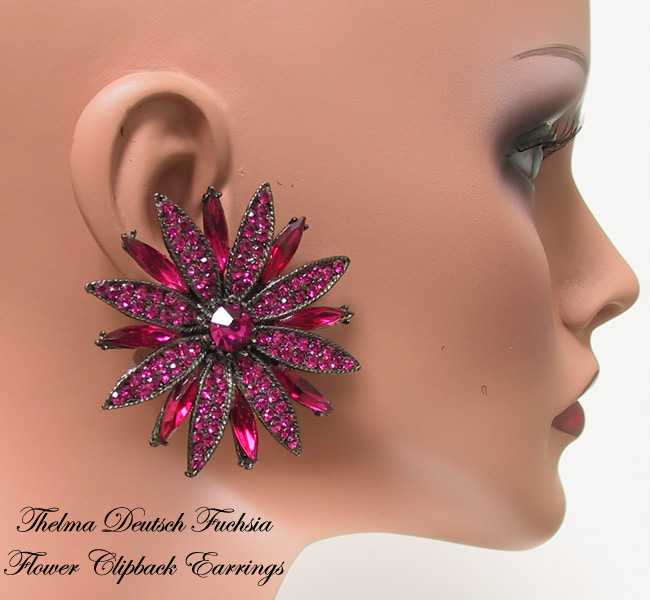 Vintage Thelma Deutsch Flower Earrings Fuchsia 1980s