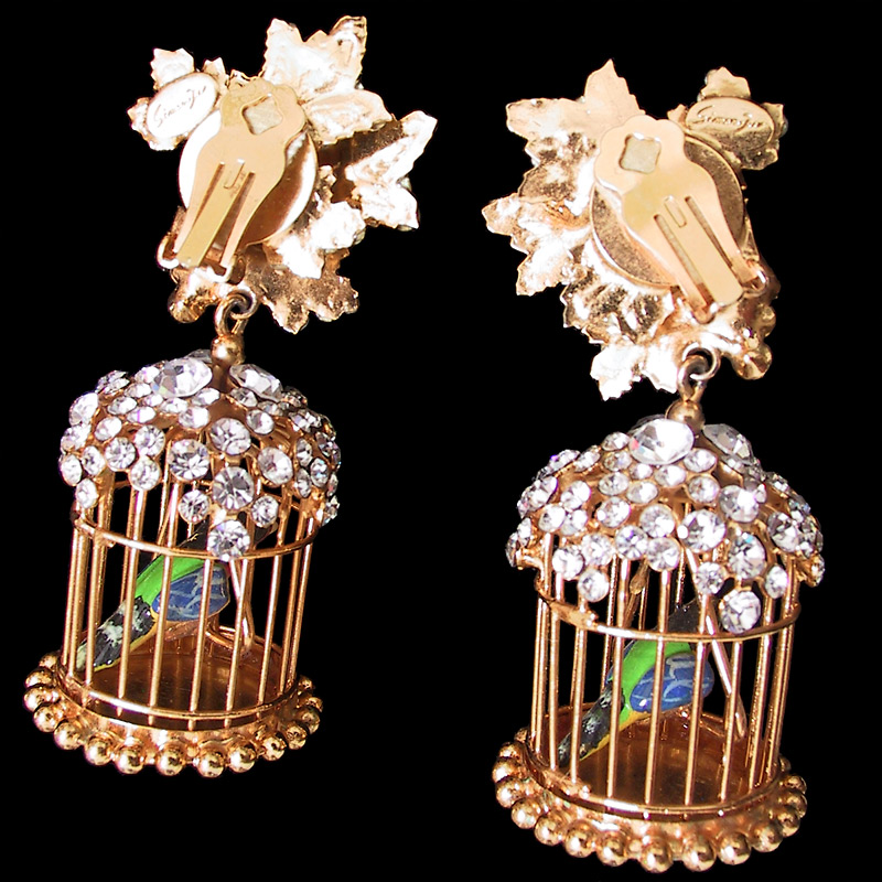 Vintage Siman Tu Bird in a Cage Pendant Earrings