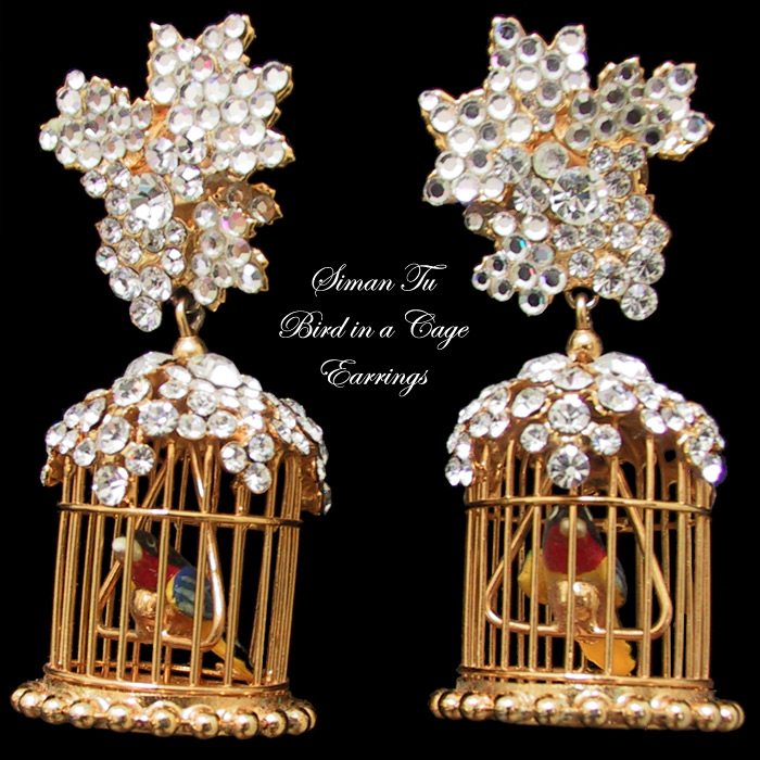 Vintage Siman Tu Bird in a Cage Pendant Earrings