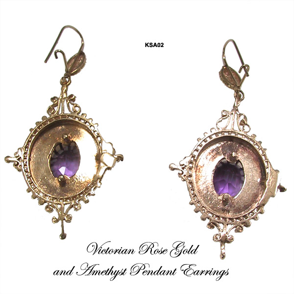 Antique Victorian 14 Karat Rose Gold & Amethyst Pendant Earrings