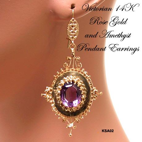 Antique Victorian 14 Karat Rose Gold & Amethyst Pendant Earrings