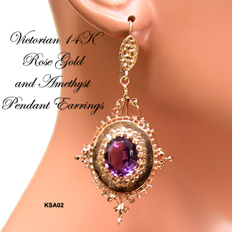 Antique Victorian 14 Karat Rose Gold & Amethyst Pendant Earrings