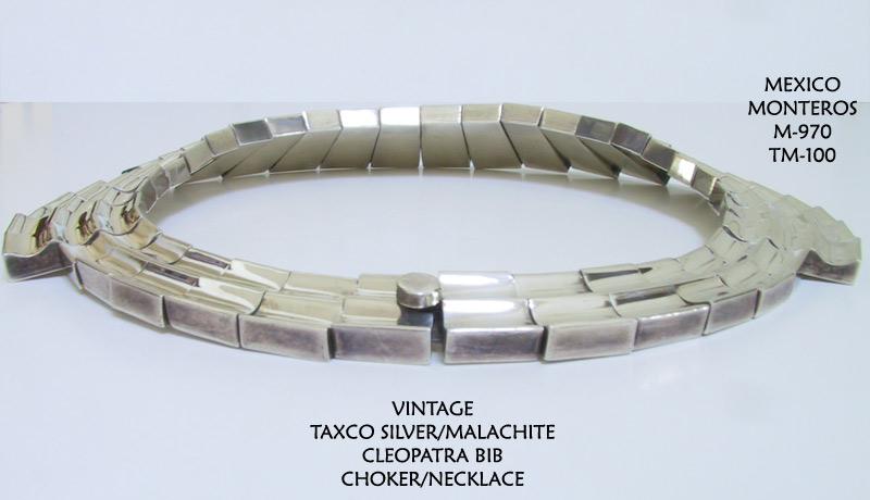 Vintage MONTEROS TAXCO 970 Silver Malachite Cleopatra Bib Necklace