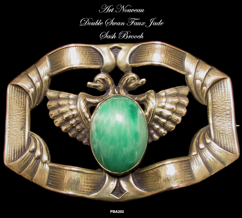 Art Nouveau Double Swan Brooch with Faux Jade