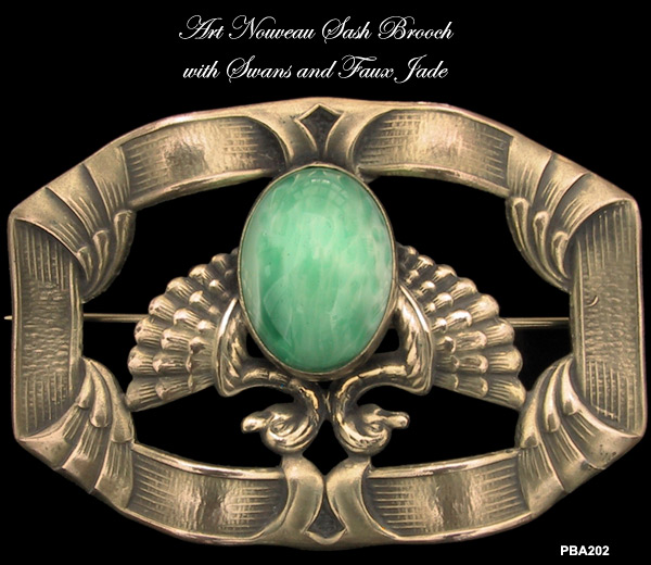 Art Nouveau Double Swan Brooch with Faux Jade