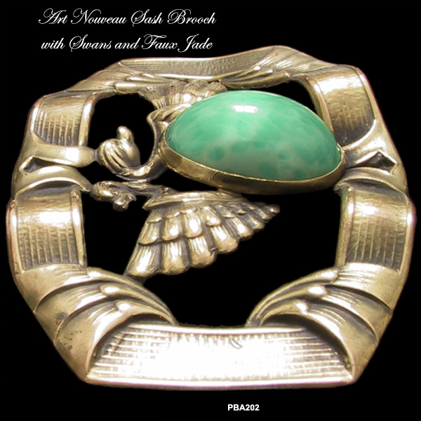 Art Nouveau Double Swan Brooch with Faux Jade