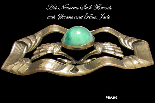 Art Nouveau Double Swan Brooch with Faux Jade