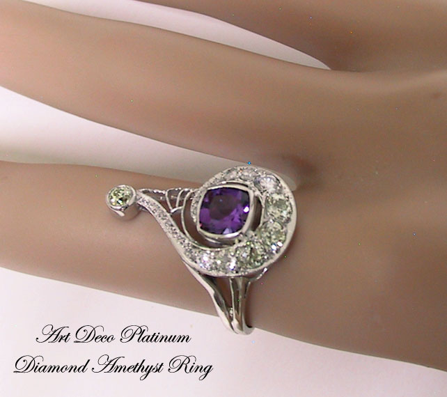 Art Deco Platinum Diamond Amethyst Ring