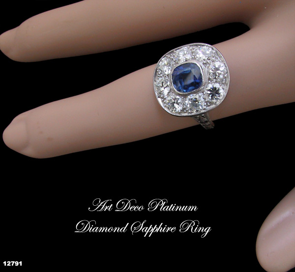 Art Deco Platinum Sapphire Diamond Engagement Ring