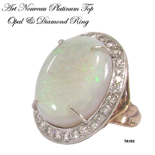 Art Nouveau Opal and Diamond Ring with Platinum Top