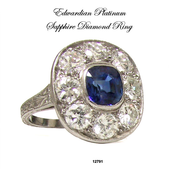 Art Deco Platinum Sapphire Diamond Engagement Ring