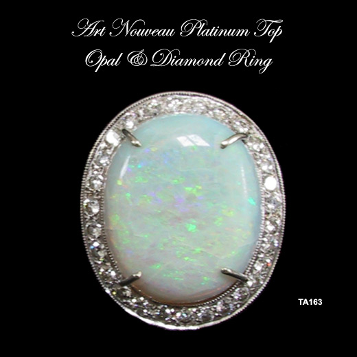 Art Nouveau Opal and Diamond Ring with Platinum Top