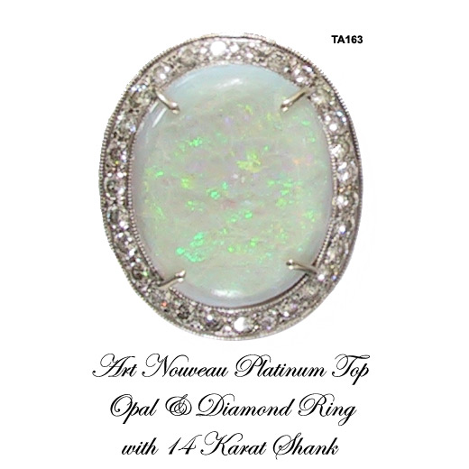 Art Nouveau Opal and Diamond Ring with Platinum Top