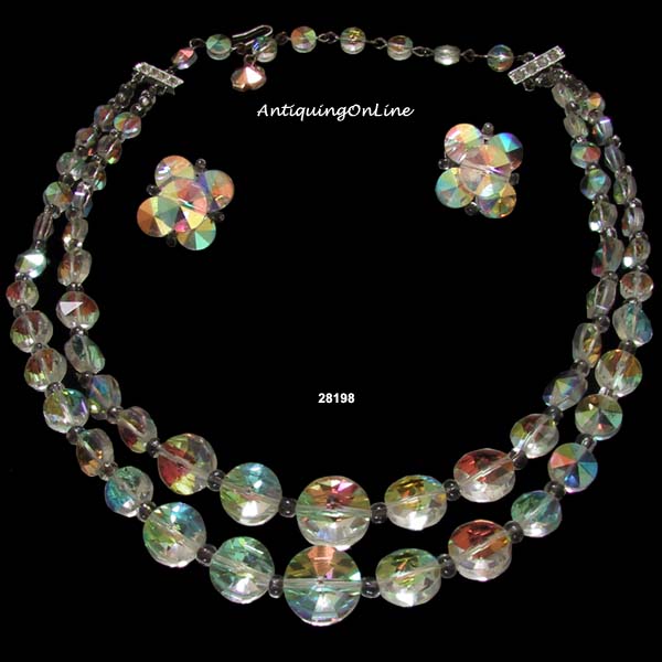 Vintage Iridescent Double Row Choker Necklace with Clipback Earrings c. 1950s