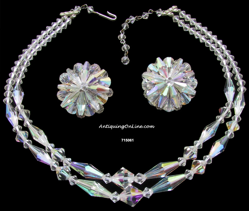 Vintage 1950's Conical Iridescent Glass Bead Necklace and Clipback Earrings