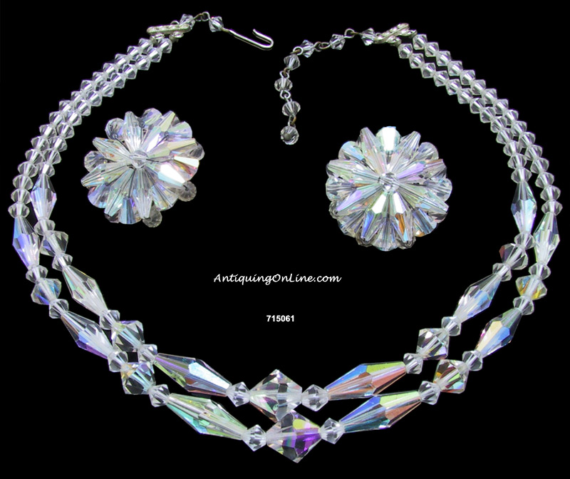 Vintage 1950's Conical Iridescent Glass Bead Necklace and Clipback Earrings