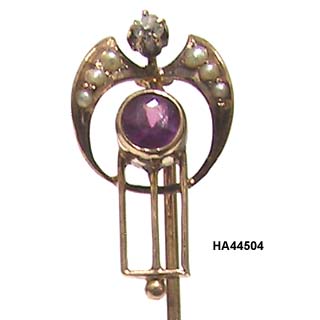 14 Karat Diamond, Amethyst and Seed Pearl Edwardian Stick Pin