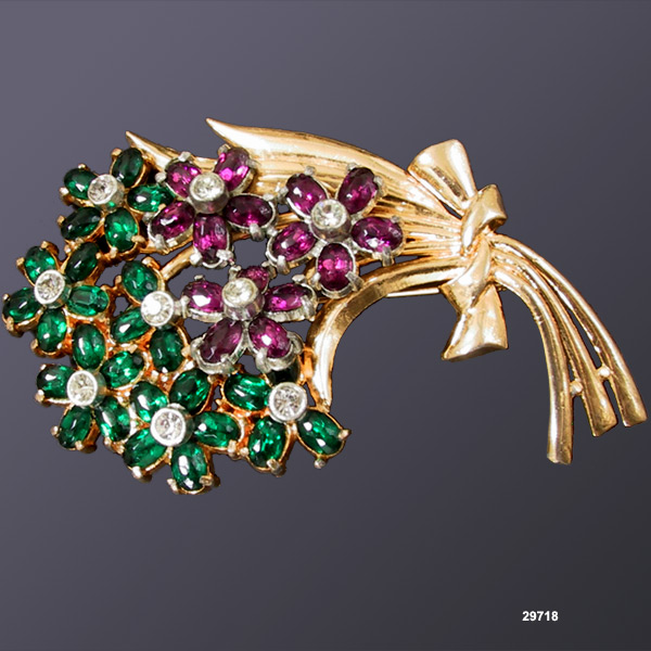 Vintage Purple & Green Gold-Plated Flower Brooch 1930s