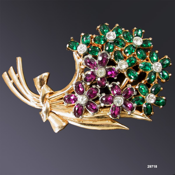 Vintage Purple & Green Gold-Plated Flower Brooch 1930s