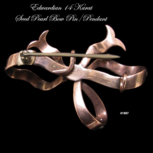 Edwardian 14 Karat Rose Gold and Seed Pearl Bow Pin/Pendant