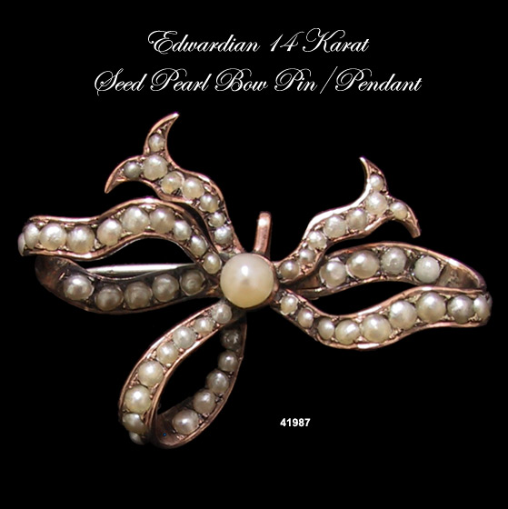 Edwardian 14 Karat Rose Gold and Seed Pearl Bow Pin/Pendant