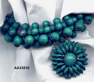 Vintage c. 1940's Aqua Wood Bead Bracelet and Pin