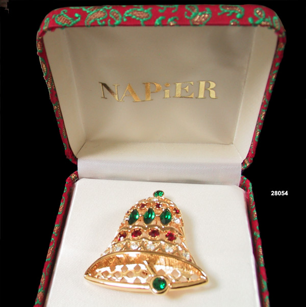 Vintage Napier Rhinestone Christmas Bell Pin 1980s