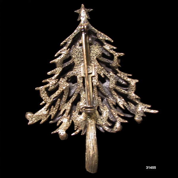 Vintage Antiqued Gold Tone Christmas Tree Brooch Pin 1950s
