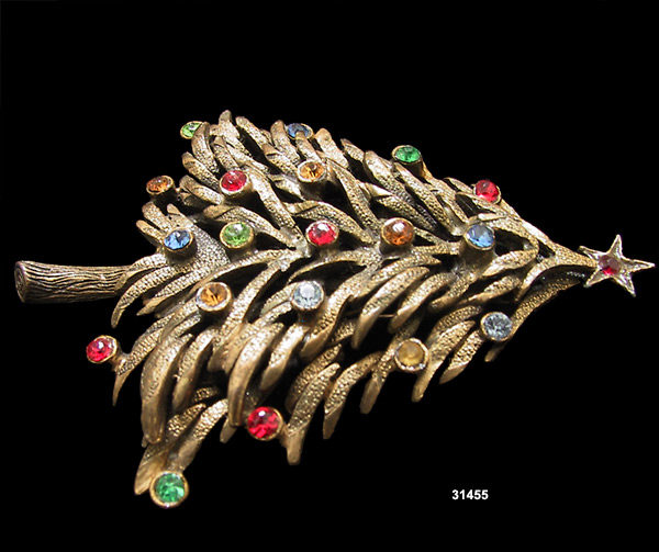 Vintage Antiqued Gold Tone Christmas Tree Brooch Pin 1950s