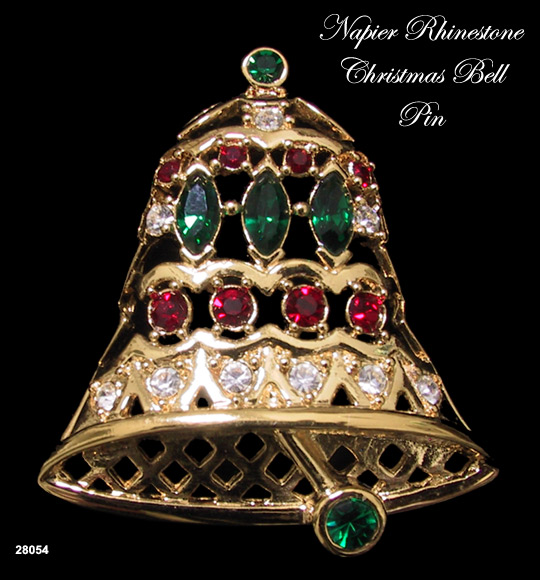 Vintage Napier Rhinestone Christmas Bell Pin 1980s