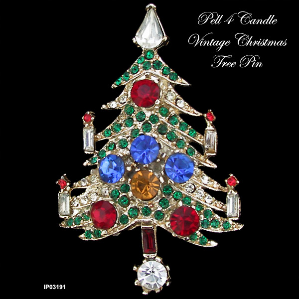Signed Pell 4 Candle Christmas Tree Brooch Pin