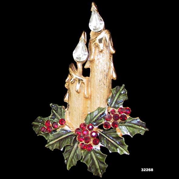 Two Candle Holly Vintage Christmas Pin